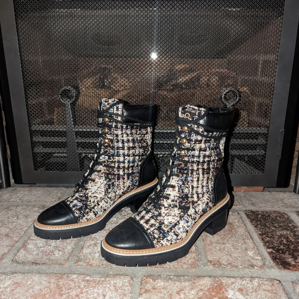 Tory Burch Miller Lug Sole Leather and Tweed size Lace Up Boot 9